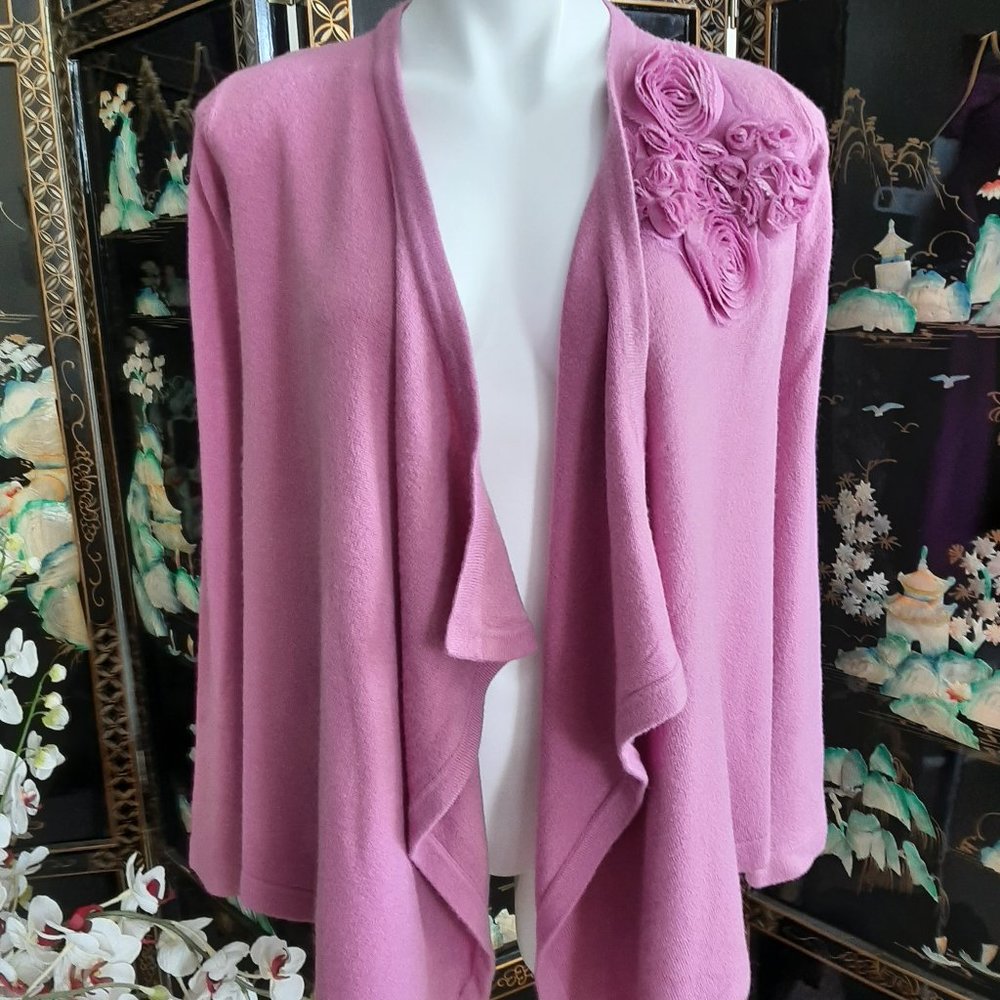 Women's Rose Pink Floral Appliqué Open-Front Cardigan